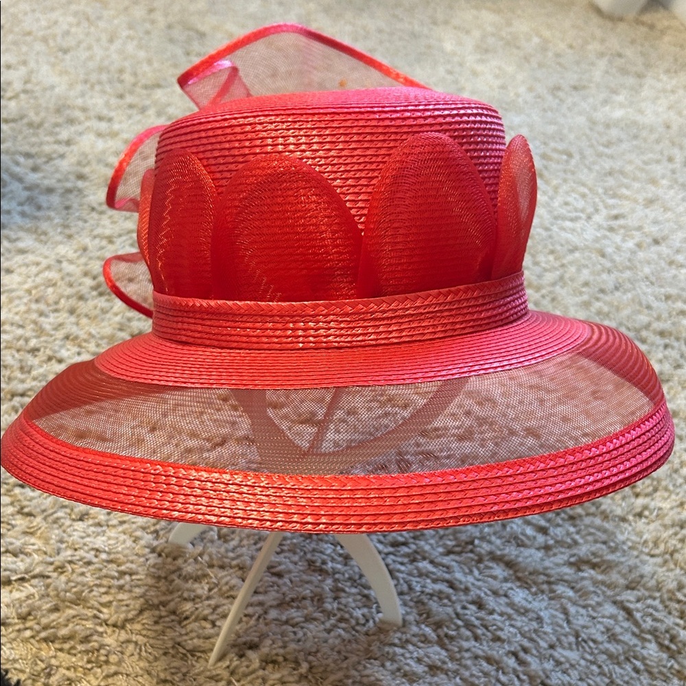 Chic Vintage Wide Brim Bright Red Women's Dress Straw Hat with Mesh Detail